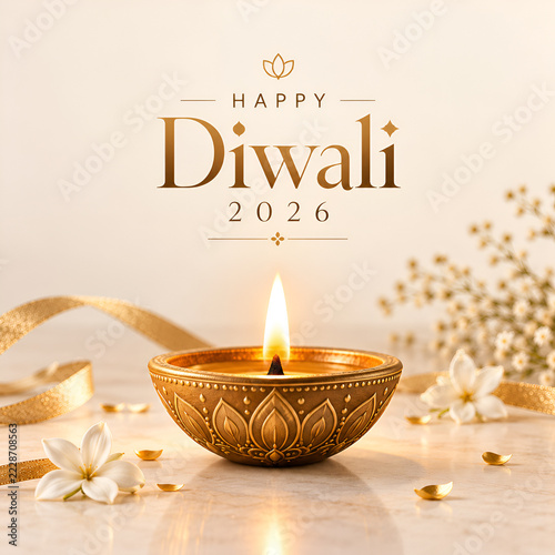 Soft and elegant Happy Diwali 2026 greeting design featuring an ornate golden oil lamp, glowing flame, delicate white flowers and luxurious gold ribbons against a warm ivory background.
