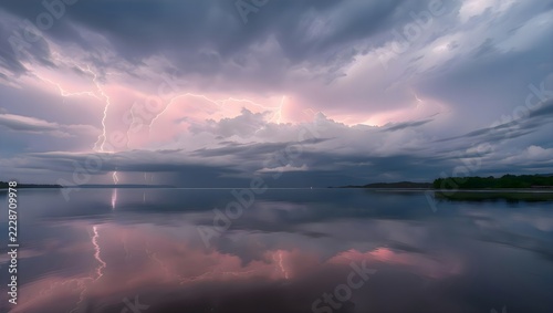 Lightning bolt coming out of dark storm clouds over the ocean water, capturing a dramatic natural electrical weather storm power phenomenon