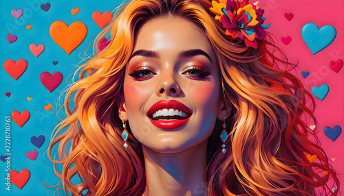 Painting of a stylish woman with red lipstick and a delicate flower in her hair, capturing a classic artistic beauty and fashion portrait