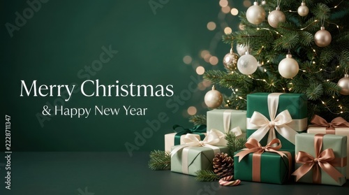 Christmas tree with gifts in soft bokeh lighting celebrating holiday season