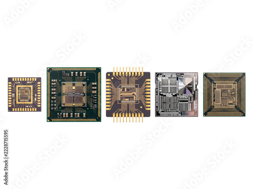 Semiconductor microchip CPU processor chips lined up on black background showing intricate circuit architecture, microelectronics engineering, tech hardware, and modern computing power evolution.