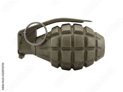 MK2 fragmentary hand grenade on black background, olive drab military explosive for defense industry marketing, historical warfare and tactical security concept.