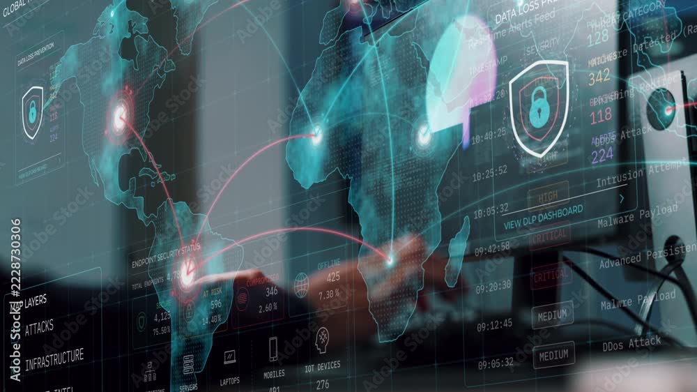 Cybersecurity data protection, hand at computer screen with digital ...