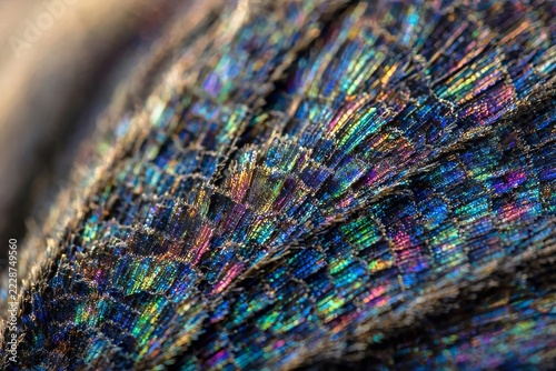 Macro shot shimmering iridescent butterfly wing scales microscop
