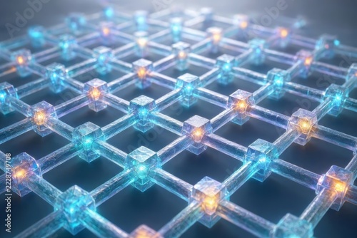 Microscopic view of a glowing crystal grid structure with interc