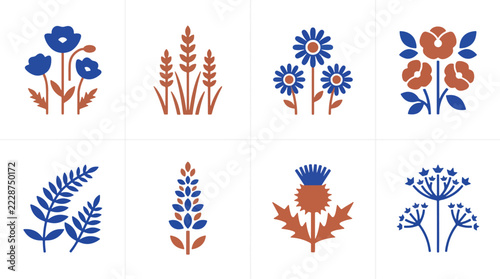 Minimalist blue and brown botanical floral icons for modern branding design