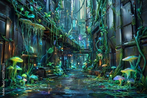 Organic alien city alleyway glowing mushrooms and vines wrapping
