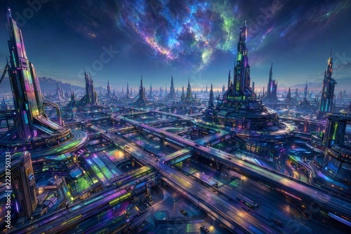 Panoramic view of a massive alien city street network stretching