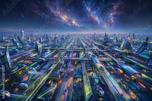 Panoramic view of a massive alien city street network stretching