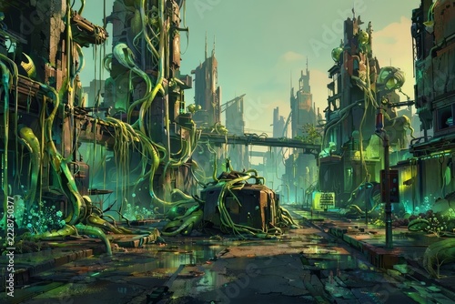 Post-apocalyptic alien city street overgrown with alien vines fu