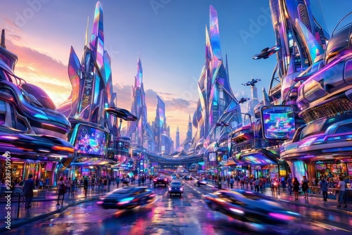 Vibrant Alien City Street Filled with Strange Holographic Signs