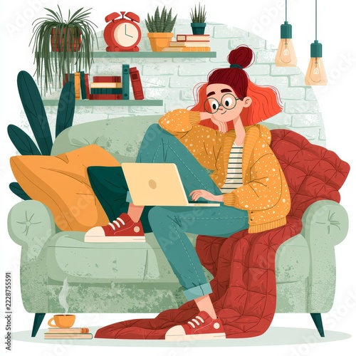 Young happy woman work home sitting an couch with laptop. Fun girl online remote work, study, learn course, communication. Workflow, workspace. Freelancer girl is employed home. Vector illustration 