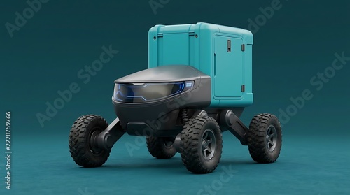 Teal and grey autonomous delivery robot with a cargo box and four wheels