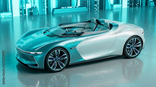 Teal and white electric roadster concept car on a reflective floor