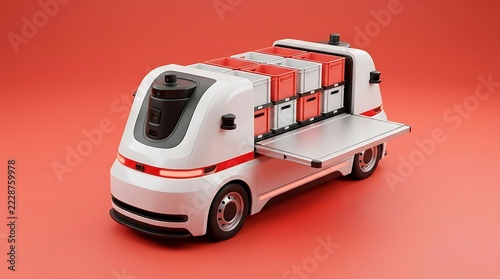 White and red autonomous delivery vehicle with open side and storage crates