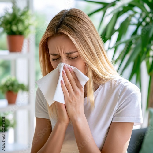 woman in white t-shirt blows her nose in a handkerchief depression infection 