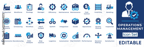 Operations management solid icon set. Includes symbols for inventory, quality control, and logistics. Solid vector icons for industrial planning and business workflow.