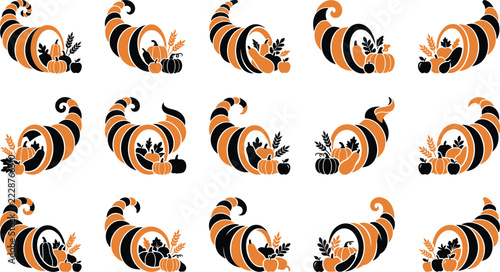Thanksgiving cornucopia horn of plenty filled with pumpkins and autumn harvest leaves