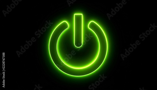 Glowing green neon power button symbol on dark background