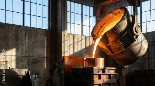 Molten metal foundry casting reflects geopolitical tensions and trade through industrial production and labor
