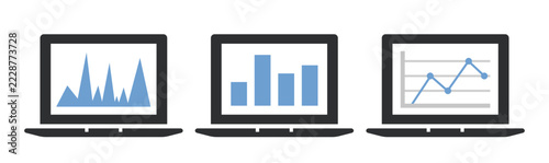 Laptop with a graph on the screen. Vector hand-drawn clipart set.
