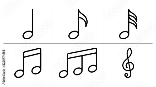 Obraz na plátně Music note icons set with treble clef and various note durations for education o