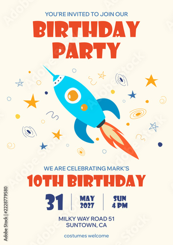 Hand drawn space themed kids birthday party invitation with doodle elements. Vector template with colorful rocket, stars and planets