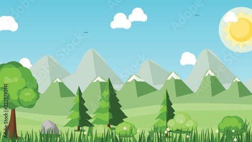 Vibrant Vector Mountain Landscape with Green Trees and Sky Background for Design Projects