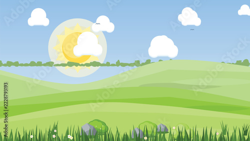 Bright Vector Sunrise Landscape with Green Fields and Sky Blue Gradient Background for Digital Design
