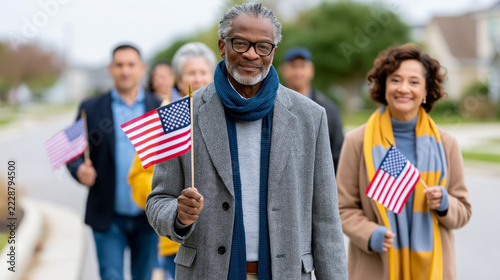 Diverse older adults holding American flags while walking together outdoors, with a smiling gray haired man in front, neighborhood street and trees behind them