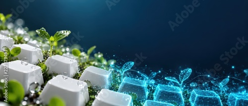 Digital twin concept with green seedlings growing on keyboard keys and glowing blue wireframe hologram