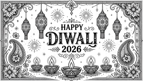 Happy Diwali 2026 coloring page with traditional oil lamps, lanterns, paisley, and floral border line art   