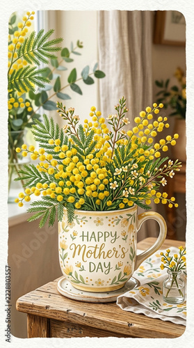 Happy Mothers Day floral mug with yellow mimosa flowers and eucalyptus leaves on rustic table bright spring decor