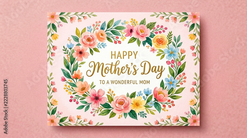 Happy Mothers Day Floral Wreath Card Watercolor Flowers Sentiments for Mom