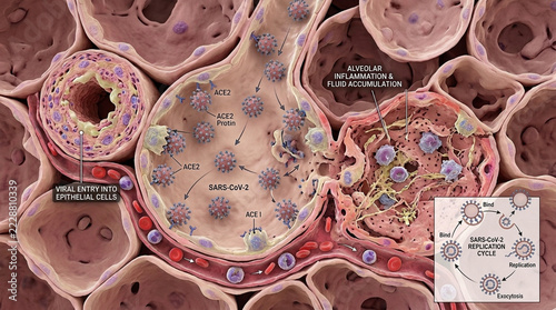 Microscopic View Viral Infection Entering Endothelial Cells and Causing Inflammation and Fluid Accumulation in Alveoli