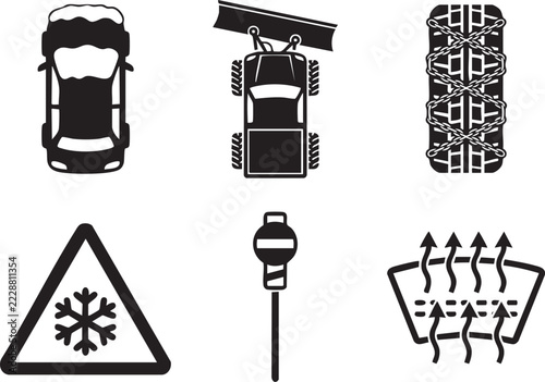 Winter road safety icons featuring snowflake warning sign tire chains