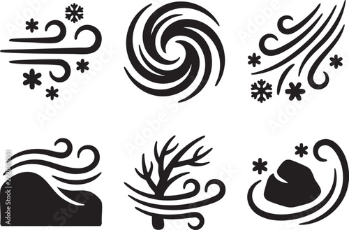 Winter weather icons with snowflakes swirls and wind patterns