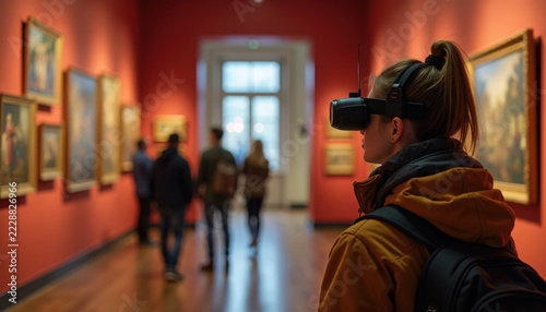 Visitor using virtual reality headset in art gallery with vibrant red walls and famous paintings displayed, enjoying immersive experience with contemporary art and history.
