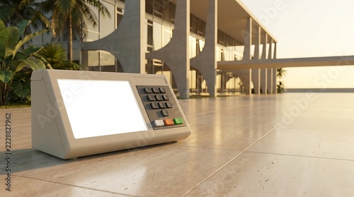 Electronic voting machine positioned on polished marble tiles with a grand modernist building and lush palm trees in soft evening light.