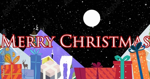 Spanning MERRY CHRISTMAS banner crossing snowy mountain village under starry sky, with gifts, deer
