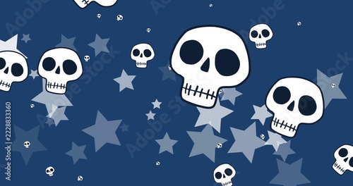 Featuring large white skull overlapping translucent stars with many small skulls on navy field