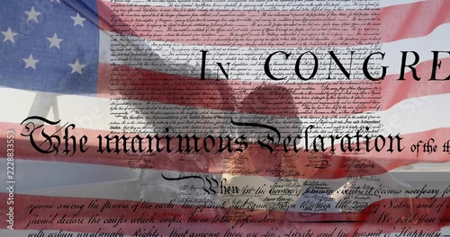 Displaying centered bald eagle head overlaying vintage Declaration script and American flag collage