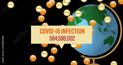 Displaying speech-bubble banner with COVID-19 counter on black backdrop, with globe and emojis