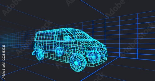 Displaying wireframe compact cargo van centered in perspective grid tunnel, showing vanishing point