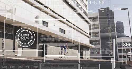 Cycling mid-adult woman in purple jacket and helmet across plaza with bicycle, bag and AR overlays