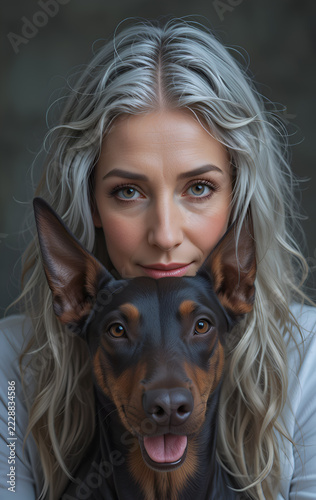 studio portrait of beautiful mature stylish lady with her brown Doberman life style concept. Ai generated