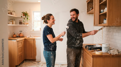Happy couple renovating kitchen with paint and laughter during home improvement project. Couple enjoys playful moments while painting walls and cabinets. Concept home renovation for lifestyle blogs.