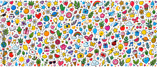 Dense colorful doodle pattern with tiny stars, hearts, objects and playful decorative symbols, doodles, stars, hearts, objects,