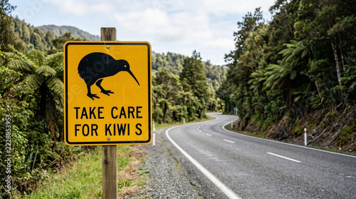 Yellow road sign with kiwi bird silhouette and Take Care For Kiwis warning New Zealand forest landscape