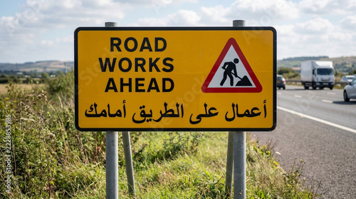 Yellow road works ahead sign with Arabic text warning drivers of construction on the highway with trucks in the background